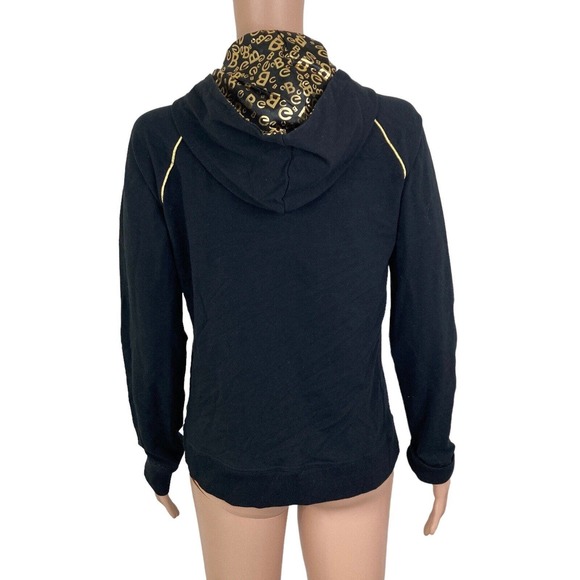 BCBGMaxazria Sweat Jacket Womens Large Black Gold Embroidered Spellout Full Zip - Picture 2 of 11